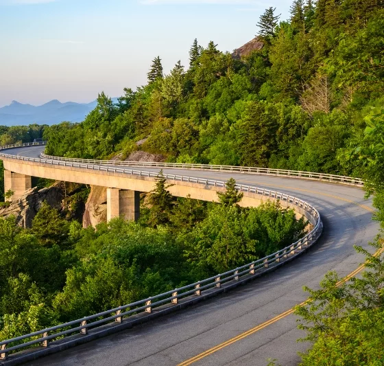 A captivating view of a winding bridge road, seamlessly integrated into a landscape surrounded by towering mountains and dense forests, emphasizing the journey, the beauty of nature, and the engineering marvel of the bridge amidst the wilderness.